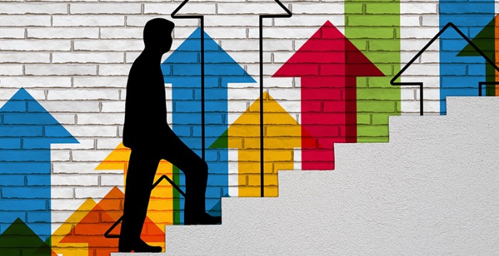 colour arrows with legs stepping up stairs